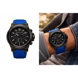 Michael Kors Dylan Chronograph– Black Case & Dial w/ Blue Rubber Strap (MK-8357)